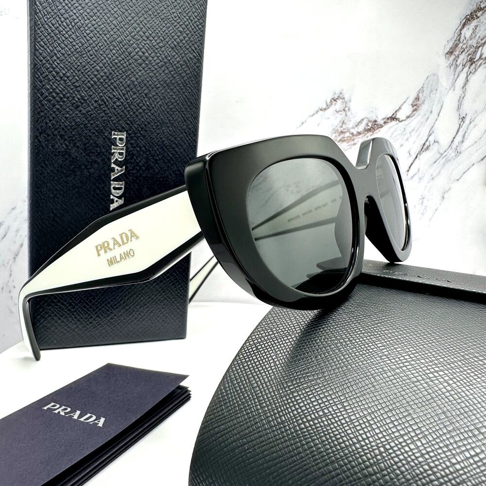 New PRADA Sunglasses Black White Talc Gold Symbole Oval Cat Eye Womens - Picture 13 of 16